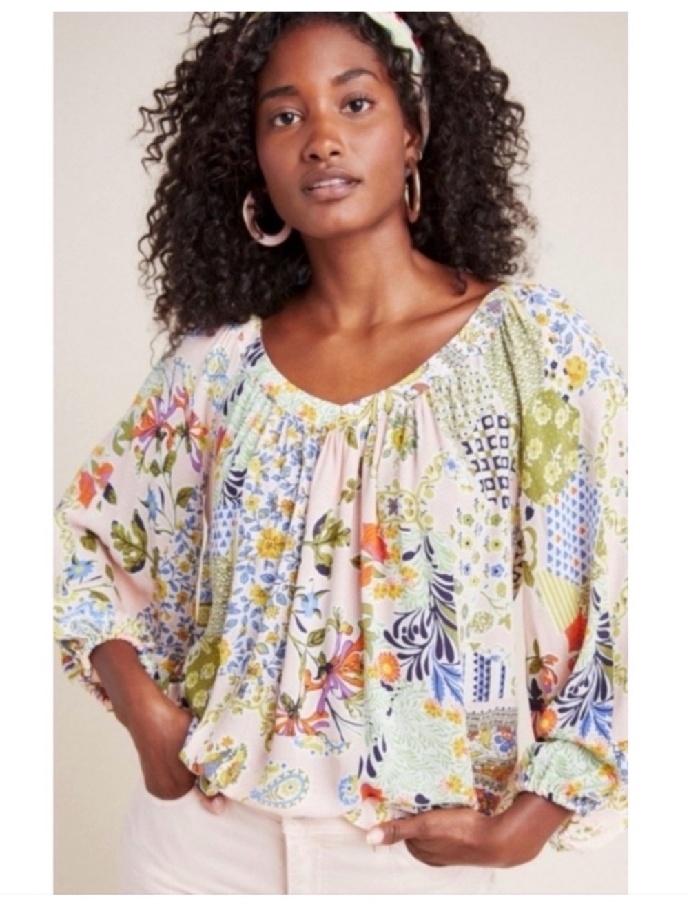 Anthropologie MAEVE In a Cherry Floral Patchwork Print Top.